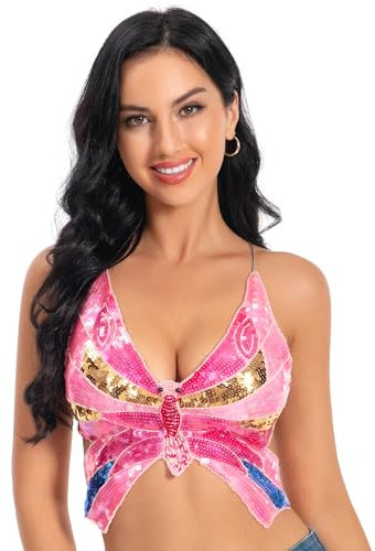 Baisdan Schmetterlings-Oberteil, handgefertigt, Pailletten, Schmetterling, bauchfreie Tops, Bauchtanz-Kostüm, Festival-Outfits für Frauen, #4, Einheitsgröße