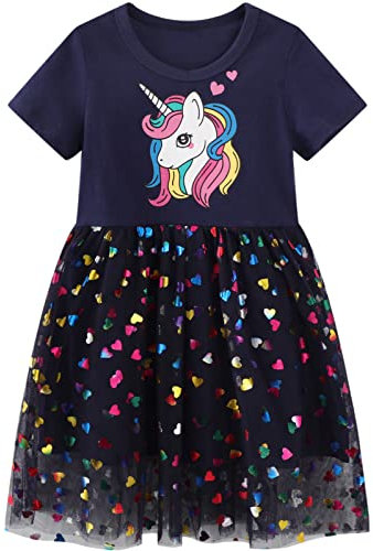 Baogaier Kleid Mädchen Pailletten Einhorn Kleider Sommer Baumwolle Kurzarm Gr. 116-122 Navy Blau Glitzer Drucken Shirtkleid Sommerkleid Tüll Rock Alltag Elegant Ballkleid Geburtstag Kinder 6-7 Jahire