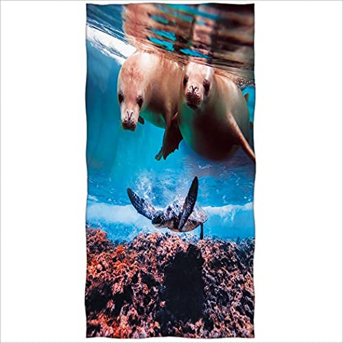 Zomer Badetuch Mikrofaser Strandtuch Bedruckt mit Schildkröte und Robbe,Blau,Ozeane und Tiere, 70x140 cm