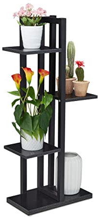 Relaxdays Estante de Flores Estantería Metálica Plantas, Escalera Macetas 4 Baldas Interior, Efecto Madera, 93 x 42,5 x 22,5 cm, Negro, Acero
