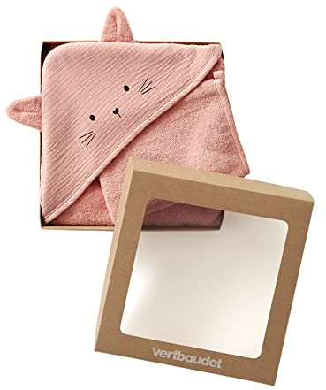 VERTBAUDET Cape de Bain + Gant en Gaze de Coton Bio*, Rose 100X100