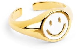 SINGULARU - Smiley White Enamel Ring. Messing mit 18 Kt Vergoldeter Beschichtung und Emaille. Schmuck für Damen.