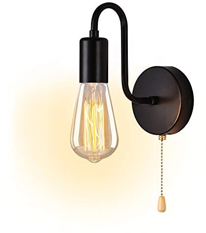 VOMI Einfach Wandlampe mit Zugschalter Schwarz Vintage Industrial E27 Fassung Wandleuchte Innen mit Schalter Schlafzimmerlamp Wand Nachttisch Wandbeleuchtung Wohnzimmer Minimalistisch Flur