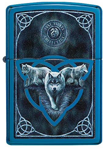 Zippo Sturmfeuerzeug - Wolves Design by Anne Stokes - High Polish Blue Finish - Nachfüllbar - Wiederverwendbar - Windfestes Design - Geschenkbox - Made in USA