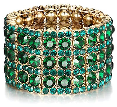 EVER FAITH Pulsera Brazalete Elástico Mujer Cristal Austríaco Boda Elegante 3 Vuelta Verde Tono Dorado