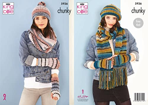 King Cole Ladies Chunky Knitting Pattern Hat Scarf Wrist Warmers & Snood (5936)