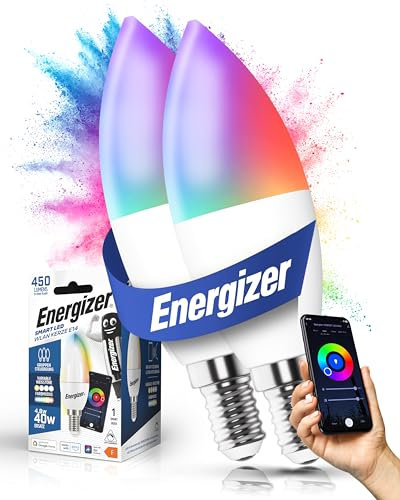 Energizer Smart LED, mehrfarbige dimmbare WLAN Birne, 5, 5W, per App steuerbar, Home Leuchtmittel, mit Alexa, Google und Siri, kein Hub benötigt, Lampenfassung E14, 2 Stück, S18688