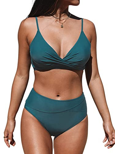 CUPSHE Women's Twist Front High Waisted Bikini Set V Neck Padded Two Pieces Bathing Suits Swimsuits Ocean Blue S