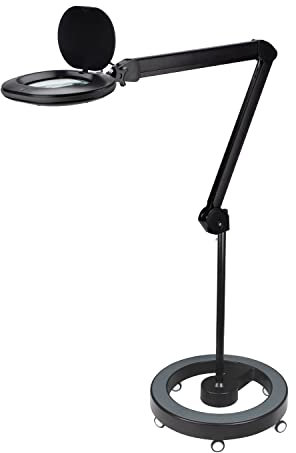 Lumeno 8613SW Lupenleuchte Arbeitsplatzlampe mit großer ovalen Linse 110x150 mm, 60 LEDs in 2 Stufen dimmbar, perfekt als Lesehilfe, für die Kosmetik, zum Löten, 3 Dioptrien schwarz mit Rollstativ
