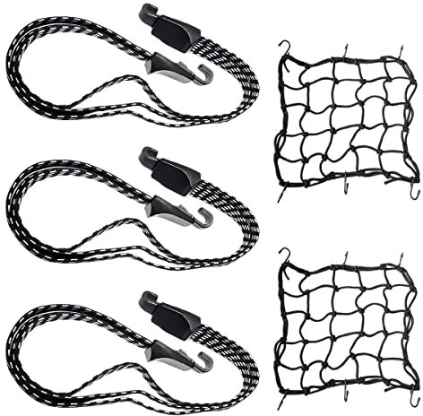 Tendeur Elastique,Tendeurs Elastique avec Crochets,Tendeur Plat,5 Pieces Tendeur Vélo,Elastique Tendeur 3 en 1 pour Porte-Bagages,Filet Moto Bagage 40 X 40cm