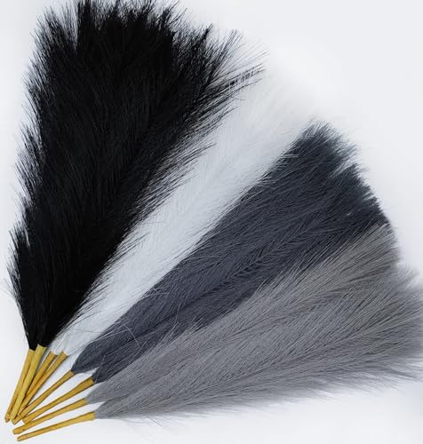 SeptCat 8 pezzi di erba della pampa da 43,2 cm, decorazione finta essiccata, soffici piccoli pompon artificiali neri, bianchi, grigi, con steli corti, bouquet di fiori, riempitivi per vasi bohémien,