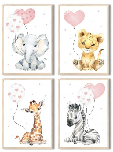 MeinBaby123® Bilder Kinderzimmer | 3er Set DIN A4 Poster Set | Wandbilder | Tiere Luftballon | Deko Bilder Kinderzimmer | Babyzimmer Deko I Wandposter Premium (Afrika Tiere - rosa)