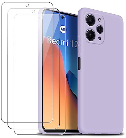 Funda para Xiaomi Redmi 12 4G con Tres Cristal Templado Protector de Pantalla, Púrpura Suave Silicona Protectora Carcasa para Xiaomi Redmi 12 4G 6.79