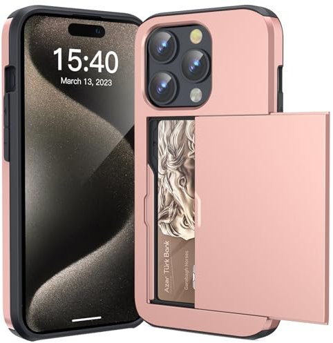 ACOCOBUY Compatible with iPhone 15 Pro Case with Card Holder Shockproof Protective Dual Layer Hidden Credit Card Slot Heavy Duty Wallet Phone Cover Armor Back Shell 6.1 inch for Women Men Rose Gold