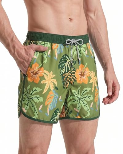 maamgic Mens 5 Short 70s 80s 90s Vintage Swim Trunks Quick Dry Bathing Suits Swimming Shorts Swimsuits Board Shorts,New Green Monstera 4.5,M
