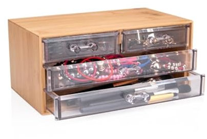 UMKY Home Kit Compact Storage Wood and Plastic Cosmetic Box Organizer with 4 Drawers for Brushes Hairpins Eyeliner Lipstick Ideal for Dressing Table and Vanities