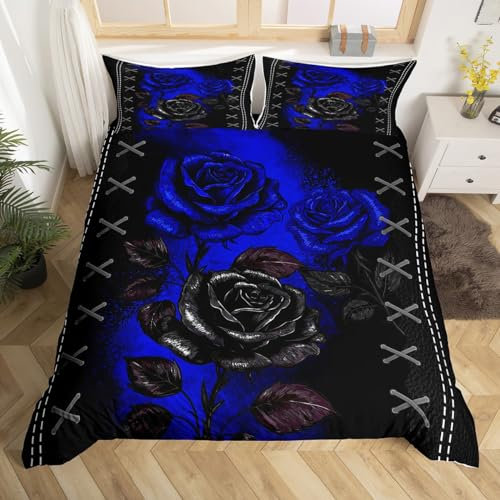 Manfei Roses Duvet Cover Set Double Size, Royal Blue and Black Flower Bedding Set 3pcs for Kids Girls Adults Room Decor, Botanical Floral Comforter Cover Soft Polyester Quilt Cover with 2 Pillowcases