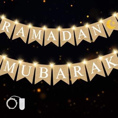 Ramadan Deko, Kareem Banner, Eid Mubarak Banner, Eid Deko Sackleine Banner mit 3 Meter LED Lichterkette, Ramadan Muslim Banner, Ramadan Wimpelkette, Eid Mubarak Party Dekoration für Ramadan Zubehör