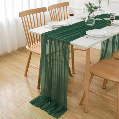 AOKSUNOVA Tischläufer Dunkelgrün Chiffon 400 x 70cm Tüll Tischläufer Hochzeit Dekostoff 4m