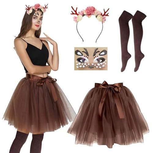 HIQE-FL Rentier Kostüm Damen,Tutu Rock+Geweih Haarreif+Reh Gesichtstattoo+Overknees Strümpfe,Damen Tüllrock,für Fasching Karneval Halloween Mottoparty Reh Kostüm Accessoires.
