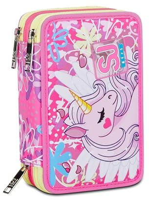 SJ GANG STYLE JAM GANG Federmäppchen, Mäppchen, Mehrfarbig, Federtasche für Schreibwaren, Etui mit Stiften, Kugelschreiber, & mehr, 3 Fächer, Mädchen & Jungen, Schule - Grundschule, rosa, Einhorn