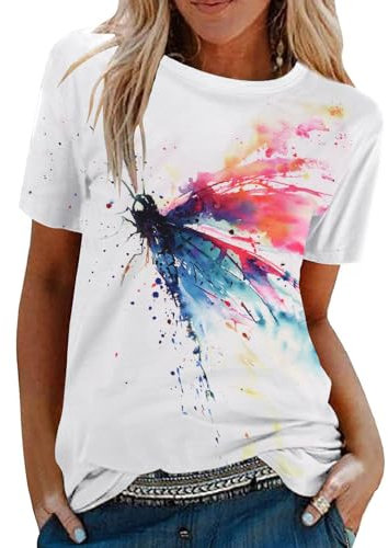 Tuopuda Damen Oberteile Sommer T Shirt Kurzarm mit Rundhalsausschnitt Bunte Blumen Drucken T-Shirt Tee Tops Pullover Teenager Mädchen Pulli Tunika Freizeit T Shirts, Weiß-Bunte Libellen, XXL