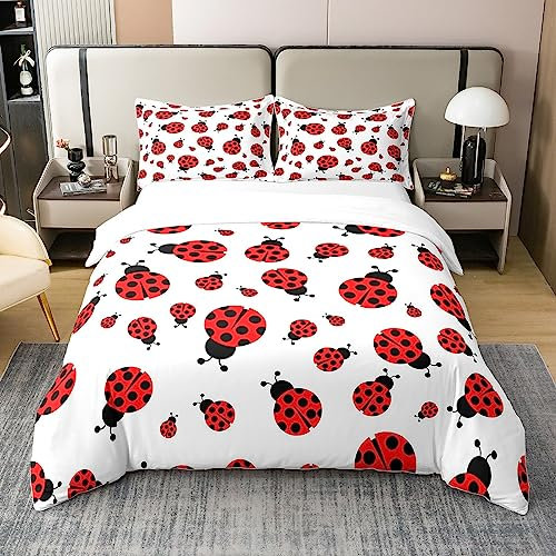 Loussiesd Marienkäfer 100% Baumwolle Bettwäsche Set 135x200cm 3D Marienkäfer gedruckt Bettbezug Set Baumwolle für Schlafzimmer Fliegende Entomologie Rot Schwarz Weiß Wild Tier Bettbezug Set