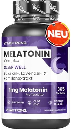 Melatonin Vitastrong Komplex, 365 Mikro-Tabletten, Hochdosiert mit Kamille, Baldrian, Lavendel und Vitamin B6, Melatonin Tabletten für Schlafqualität und Jetlag, Zucker- Gluten- und GVO-Frei