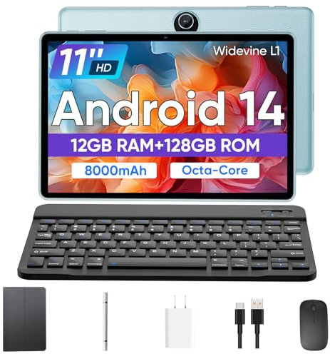 COLORROOM Android 14 Tablet 11 inch Tablet, 12GB RAM+128GB ROM, Octa-Core Tablet with Keyboard, Mouse, GPS, 8000mAh, 800x1280 FHD Display, 5MP+8MP Dual Camera, 2.4/5GHz WiFi, BT5.0 (Blue)