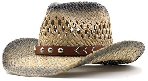 Sombrero de Cowboy de Paja para Hombre Mujer, Western Cowgirl Hat Gorros de Vaquero Panamá con Banda Occidental, Gorras de Sol Verano Sombrero de Playa (FR/ES, Letras, Talla única, Negro)