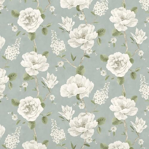 Ashley Floral Sage Green Wallpaper - Flowers Leaves Botanical Stylish Trendy - Glamorous Feature Wall