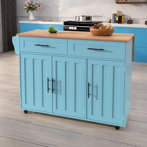 Wyibwy Carrito de cocina, isla de cocina sobre ruedas con superficie de trabajo plegable, isla de cocina móvil con 2 cajones y 3 estantes, carro de comedor con vetas de madera, 129 x 46 x 91,5 cm,
