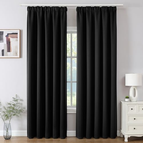 Joydeco Gardinen mit Kräuselband Vorhänge Blickdicht 2 Stück H 228 x B 117 cm Schienensystem Schwarz Verdunkelungsvorhang Thermovorhang Kälteschutz Schlafzimmer Blackout Curtains