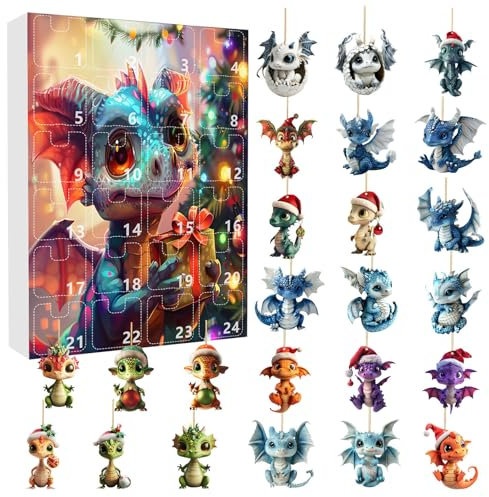 VOHIKO Adventskalender 2024, Weihnachtsbaum Dinosaurier Anhänger, 24 Tage Weihnachts Countdown Kalender, mit Bezaubernden Drachen Babypuppen, 2D Acryl, Kinder Spielzeug
