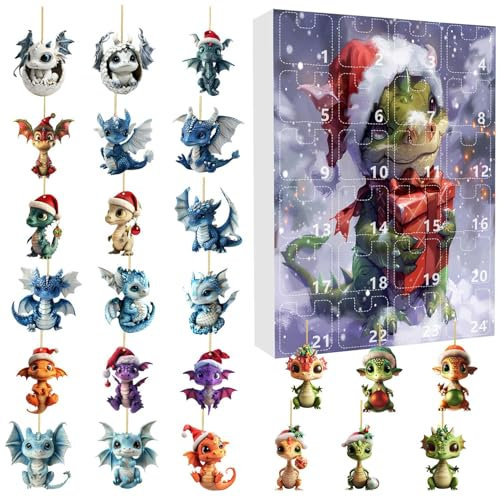 2024 Acryl-Dino-Ornamente für den Autoinnenraum, Dinosaurier-Countdown-Kalender, für Weihnachtsbaum, 2024, Acryl, Feiertagsankunft, Weihnachtsdekoration, Adventskalender-Tiere, Dekoration für Baum