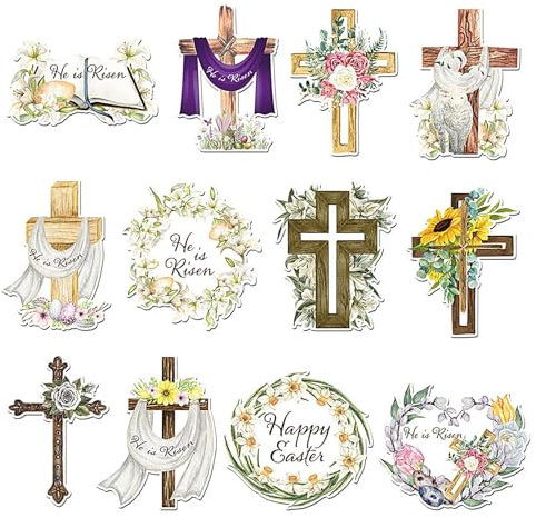Osterschmuck für kleine Bäume religiöse und christliche Osterdekorationen für Bäume | 24 Frohe Ostern -Hängeschilder - Holzornamente He Rises Frühlingsurlaub Crocif