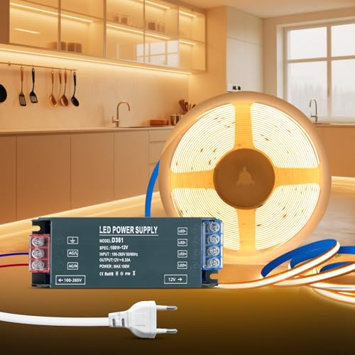 KSIBNW 12V COB LED Streifen Warmweiß 3000K, 5M Selbstklebend LED Strip mit 12V Netzteil 100W Trafo und 1M Stecker, 320LEDs/M 8mm Breite CRI90+ Flexibles LED Band für Fernseher, DIY Dekoration