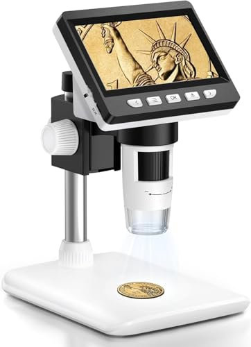 Vexloria Microscope Numérique, 4.3 écran Microscope Enfant/Adulte à Grossissement 50-1000X avec 8 Lumières LED Réglables, Mémoire intégrée, Vue PC, Compatible Windows/Mac