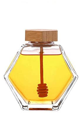 Mini pot à miel hexagonal en verre avec tige d'agitation en bois, pot à miel en verre transparent, mini pots à miel avec cuillère en bois (100 ml)
