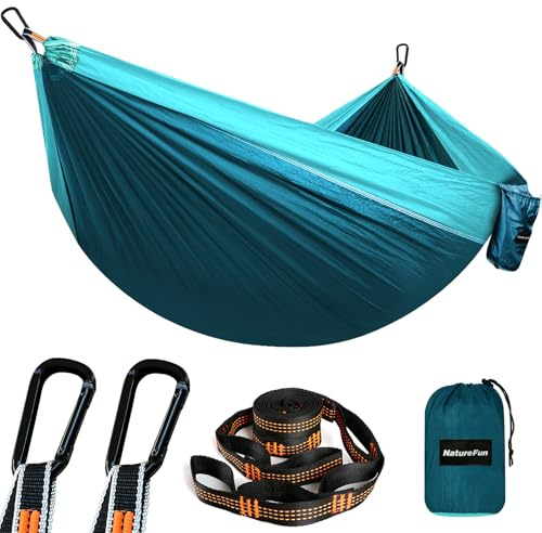 NATUREFUN Ultraleichte Reise Camping Hängematte | 300kg Tragkraft (275 x 140 cm) Atmungsaktiv, Schnelltrocknendes Fallschirm Nylon | 2 x Premium Karabiner,2 x Schlingen| Drinnen Draußen Garten