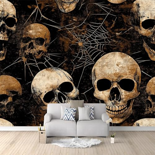 WHUOEUCO 3D Mural Photo Wallpaper Vintage Skull Spider Web 500x280 cm Large Art Poster Non-Woven Wallpaper, Wall Decor Murals for Bedroom, Living Room, Kids Room