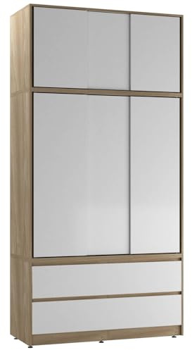 URBNLIVING 240cm Sliding Door Wardrobe with 6 Doors & 4 Drawers, Freestanding Bedroom Closet with Hanging Rail & Storage, Engineered Wood, 120cm Wide, Modern Design