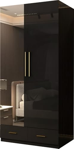 SLIDING WARDROBE 4U High Gloss & Mirror Hinged Wardrobe with Shelves, Drawer & Hanging Rail (Black, 90cm)