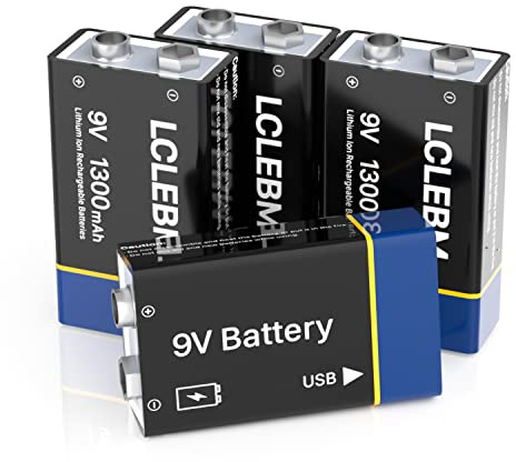 Piles 9V Rechargeables par USB-C, 1300mAh 9V Lithium Rechargeables Piles Li-ION 9 Volt Longue durée pour détecteurs de fumée, Microphones sans Fil, Lampes de Poche - Lot de 4