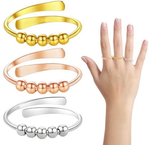 GXGM 3 Stück Anxiety Ring für Frauen,Anxiety Ring Gold,Verstellbare Ringe,Mit Perlen Anti Stress Ring für Frauen,Stress Spinner Fidget Ringes Gegen Angst,Geschenk(Silber+Gold+Roségold)