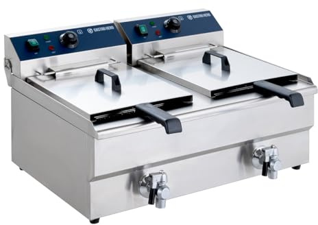 GastroHero Elektro Doppelfritteuse, 2x 13 L, 400 V, Edelstahl EFE213A | mit Ablasshahn, Thermostat, stufenlos regelbare Temperatur, 2 Frittierkörbe mit Haken, 5+5 kW, inkl. Sicherheitsabschaltung