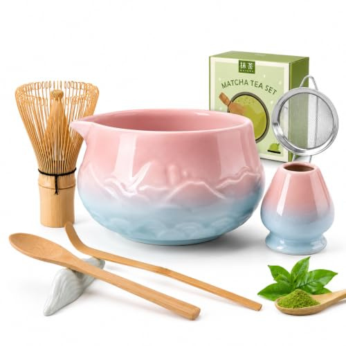 Matcha Set, 8 Stück Matcha Besen, Matcha Schale mit Ausgießer, Edelstahlsieb, Keramik Besen Halter, Löffel, Teetuchunterlage, Japanisches Matcha Kit Geschenk für Matcha-Liebhaber