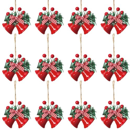 Campanellini Natalizi, 12 Pezzi Campanelle di Metallo da Appendere con Bacche di Agrifoglio, Decorazioni Albero di Natale Appesi per Ghirlande Natalizie Fai Da Te, Decorazione di Finestre, Porte