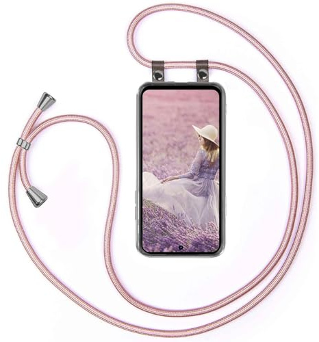 moex Handykette für Motorola Moto G56 5G Hülle mit Band abnehmbar, Handyhülle mit Kette zum Umhängen, Handyband 155 cm lang Stoff Kordel Umhängehülle, Handy Umhängeband, Rosegold