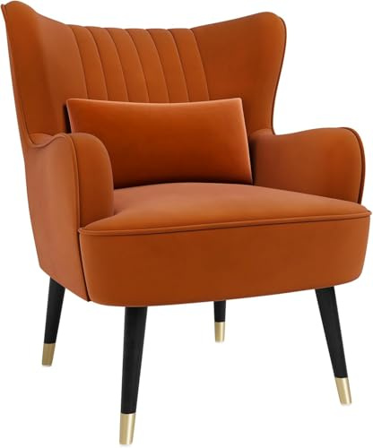 Vesgantti Samt Sessel, Moderne Relaxsessel mit Holzbein, Loungesessel mit Armlehnen, Ohrensessel für Wohnzimmer Schlafzimmer (Orange, Ohne Fußhocker)